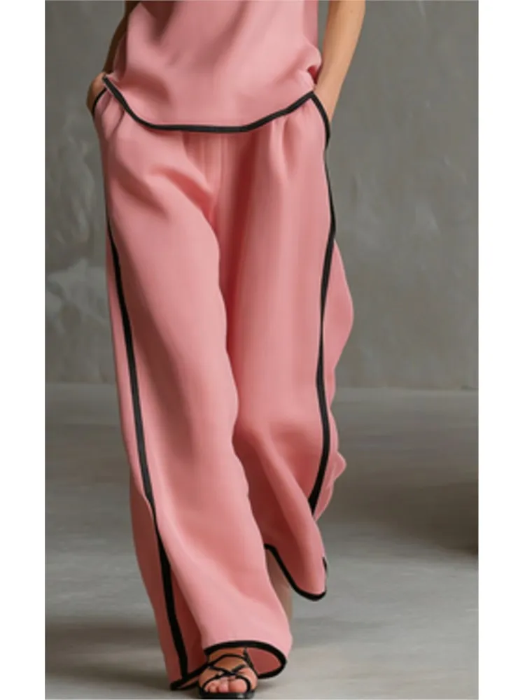 Casual Women Color Blocking Loose Sleeveless Button Vest Elastic Waist Wide-leg Pants Two Peice Set Summer V-Neck Ladies Outfit - Image 5