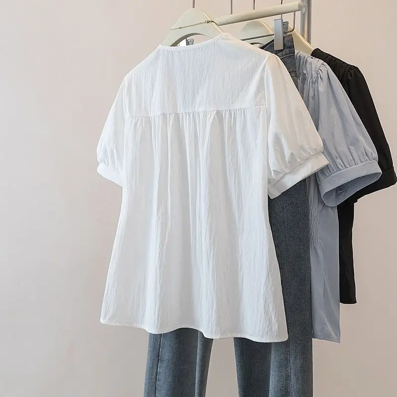 200 Pounds Plus Size Elastic Waist Office Lady Trend Shirt And Blouse Short Sleeve Solid Top Women Clothing V-neck French Chic - Image 2
