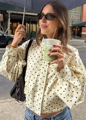 WXOY Women Polka Dot Cropped Jacket Long Sleeve Zip Front Casual Outerwear for Daily City Wear and Transitional Seasons