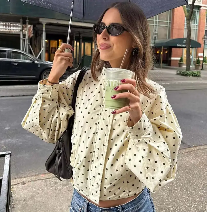 WXOY Women Polka Dot Cropped Jacket Long Sleeve Zip Front Casual Outerwear for Daily City Wear and Transitional Seasons