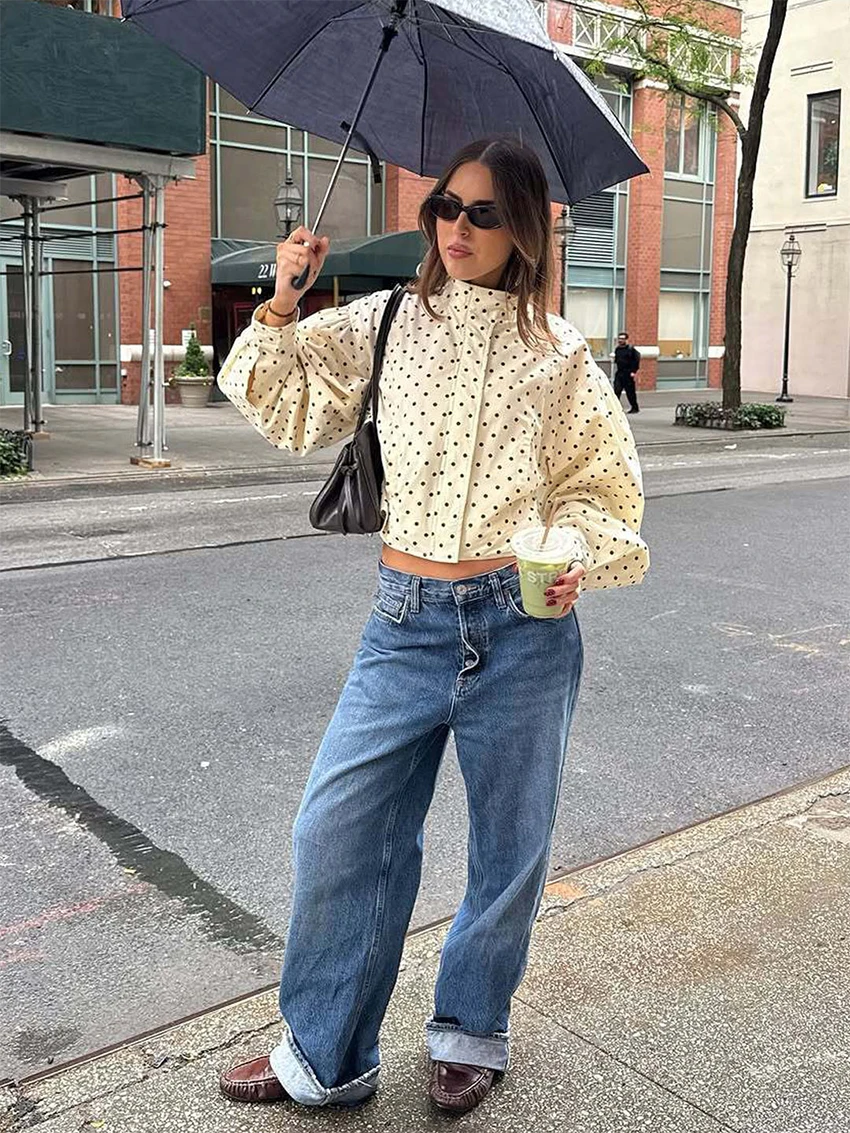 WXOY Women Polka Dot Cropped Jacket Long Sleeve Zip Front Casual Outerwear for Daily City Wear and Transitional Seasons - Image 3