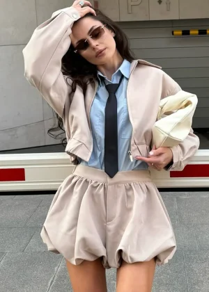 Talenza Women Shorts 2-Piece Set Fashion High-Street Jacket Top Pleated Short Skirt Set New Party Look Autumn Female Shorts Set