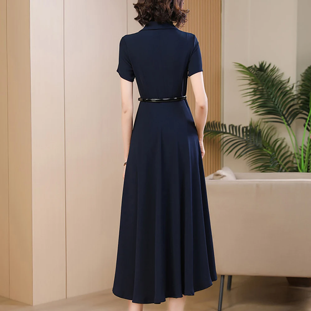 Summer navy blue dresses for woman elegant, Fashion waist cinching and slimming mid length Dress Chic suit collar female skirt - Image 3