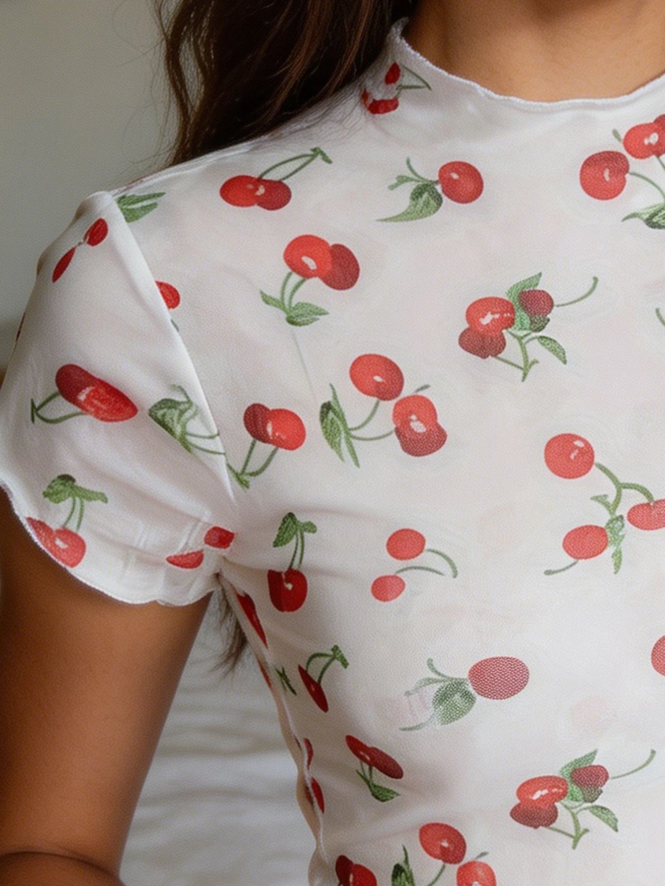 Summer New Ins Style Young Cherry Print Stretch Knit High Neck Short Sleeve Sheer Mesh Sexy Base Layer T-Shirt Top for Party Clu - Image 2