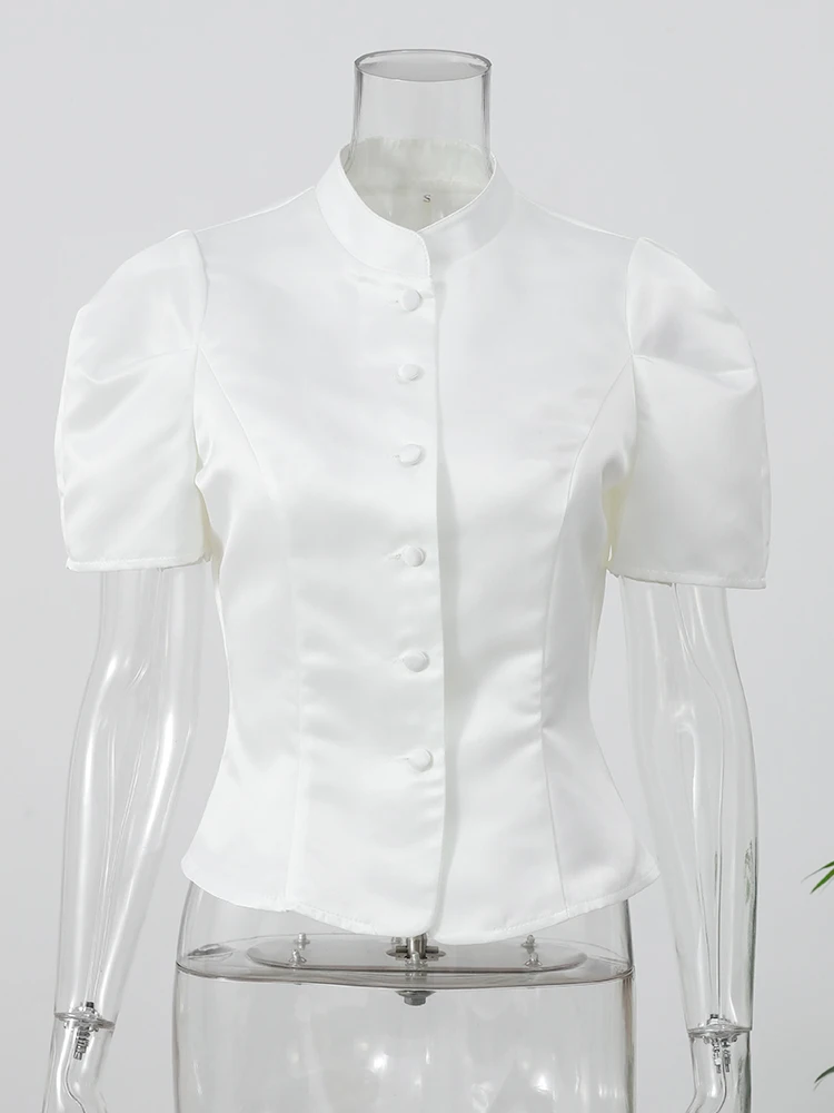 Elegant White Lantern Sleeve Shirt Women's Sexy Solid Stand Collar High Waist Slim Shirts 2026 New Lady Tops Commute Outerwears - Image 5