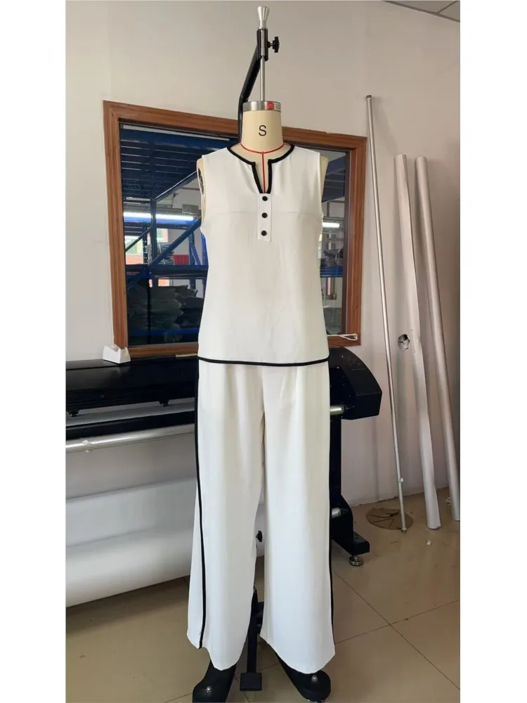 Casual Women Color Blocking Loose Sleeveless Button Vest Elastic Waist Wide-leg Pants Two Peice Set Summer V-Neck Ladies Outfit - Image 6