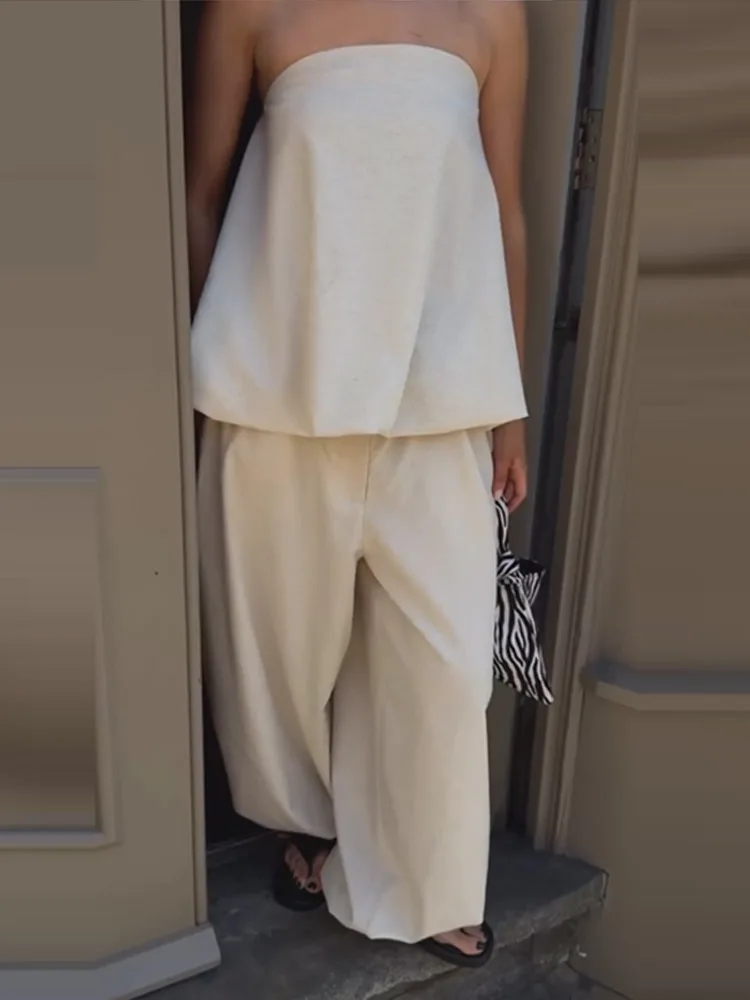 Casual Solid Two-Piece Set Women Strapless Sleeveless Pleated Top Loose Lantern Pants 2026 Summer New Lady Casual Basic Outfit - Image 5