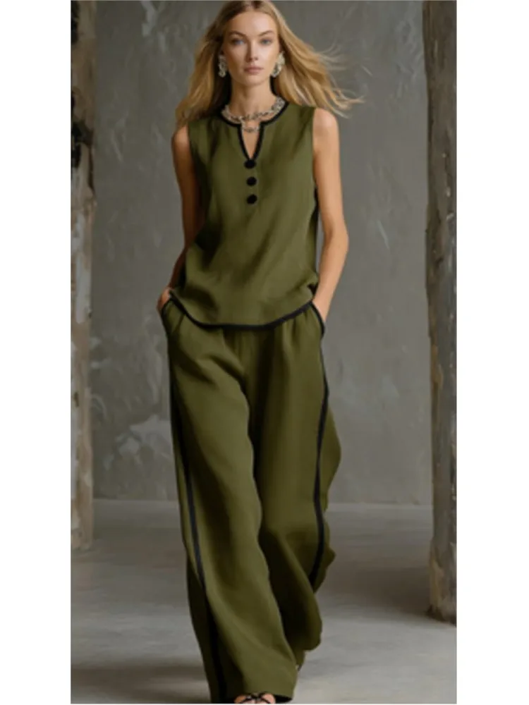 Casual Women Color Blocking Loose Sleeveless Button Vest Elastic Waist Wide-leg Pants Two Peice Set Summer V-Neck Ladies Outfit - Image 4