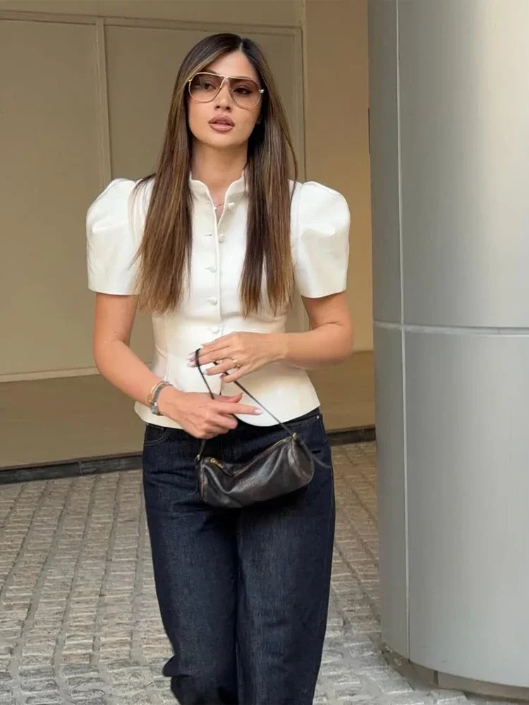 Elegant White Lantern Sleeve Shirt Women's Sexy Solid Stand Collar High Waist Slim Shirts 2026 New Lady Tops Commute Outerwears - Image 2