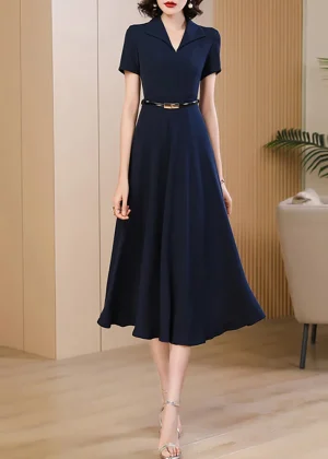 Summer navy blue dresses for woman elegant, Fashion waist cinching and slimming mid length Dress Chic suit collar female skirt