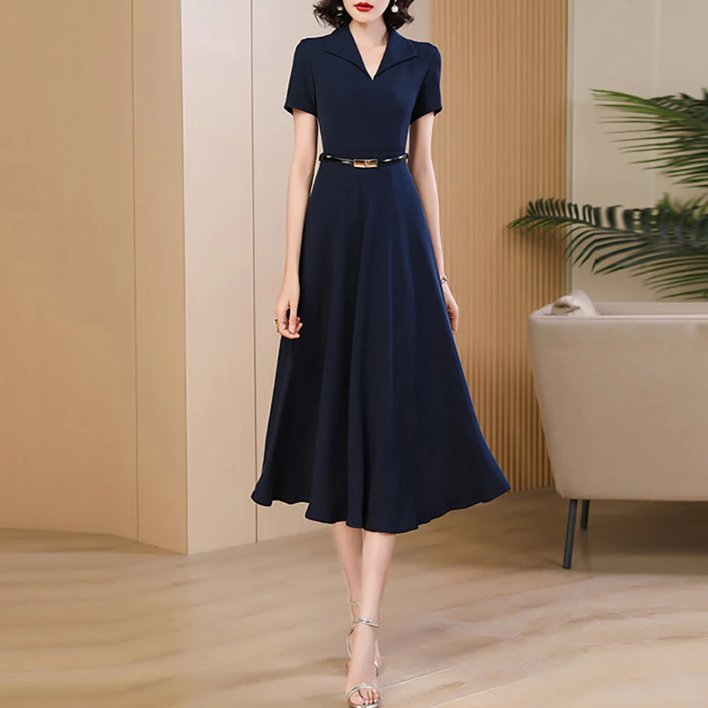 Summer navy blue dresses for woman elegant, Fashion waist cinching and slimming mid length Dress Chic suit collar female skirt