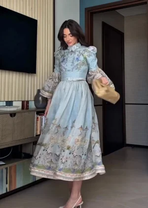 Half High Collar Button Print Dress Woman Long Flared Sleeve Waist Cinched Pleated A-Line Dresses Elegant Chic Women's New Dress