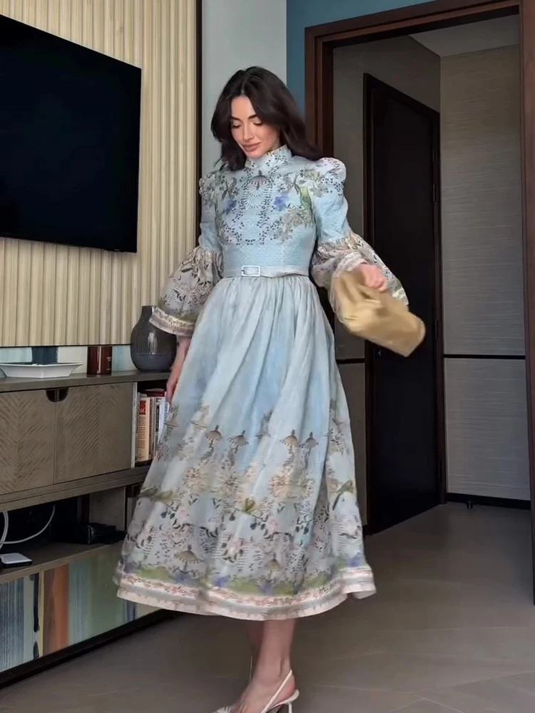 Half High Collar Button Print Dress Woman Long Flared Sleeve Waist Cinched Pleated A-Line Dresses Elegant Chic Women's New Dress