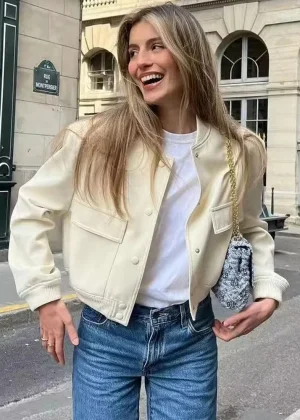 MUJER 2025 Woman Bomber Jacket White Autumn Winter Button Cropped Jackets for Women Fashion Long Sleeve Women Coats Outerwears