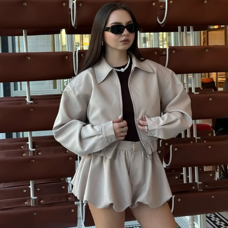 Talenza Women Shorts 2-Piece Set Fashion High-Street Jacket Top Pleated Short Skirt Set New Party Look Autumn Female Shorts Set - Image 2