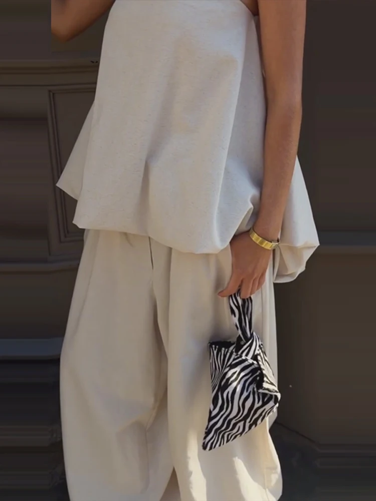 Casual Solid Two-Piece Set Women Strapless Sleeveless Pleated Top Loose Lantern Pants 2026 Summer New Lady Casual Basic Outfit - Image 4