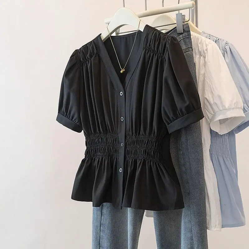 200 Pounds Plus Size Elastic Waist Office Lady Trend Shirt And Blouse Short Sleeve Solid Top Women Clothing V-neck French Chic - Image 3