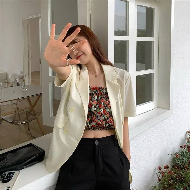 SMVP 2025 Women's Summer Short-sleeved Jacket Casual All-match Loose Double-breasted Blazers Coat Woman Korean Chic White Blazer - Image 3