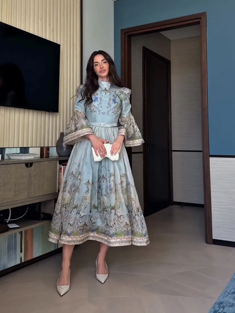Half High Collar Button Print Dress Woman Long Flared Sleeve Waist Cinched Pleated A-Line Dresses Elegant Chic Women's New Dress - Image 2