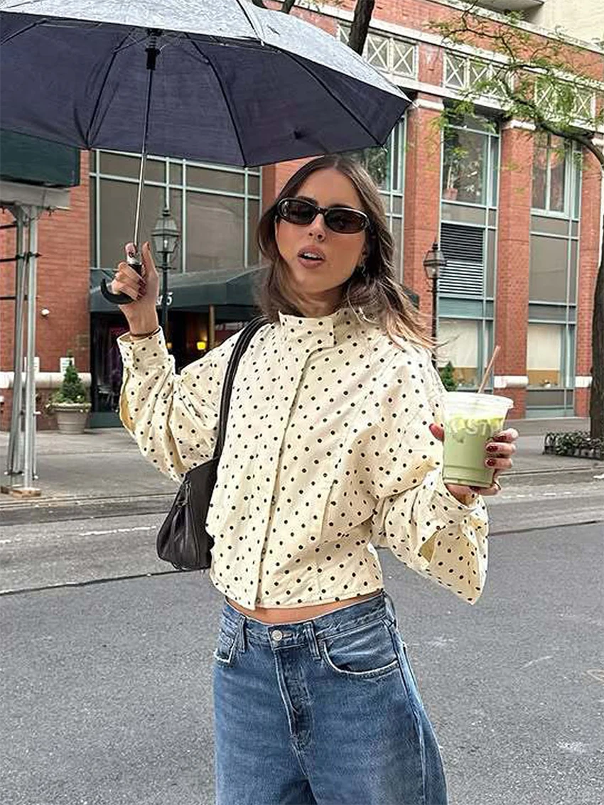 WXOY Women Polka Dot Cropped Jacket Long Sleeve Zip Front Casual Outerwear for Daily City Wear and Transitional Seasons - Image 2