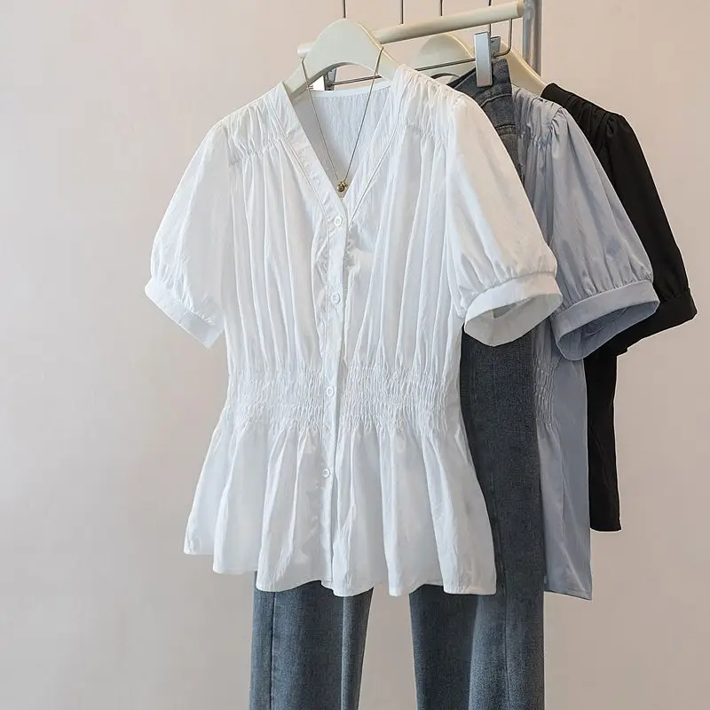 200 Pounds Plus Size Elastic Waist Office Lady Trend Shirt And Blouse Short Sleeve Solid Top Women Clothing V-neck French Chic - Image 4