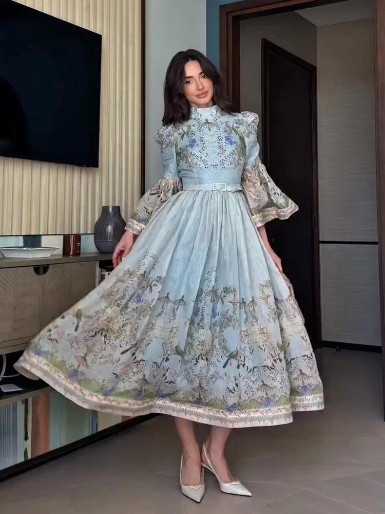 Half High Collar Button Print Dress Woman Long Flared Sleeve Waist Cinched Pleated A-Line Dresses Elegant Chic Women's New Dress - Image 3
