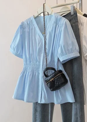 200 Pounds Plus Size Elastic Waist Office Lady Trend Shirt And Blouse Short Sleeve Solid Top Women Clothing V-neck French Chic