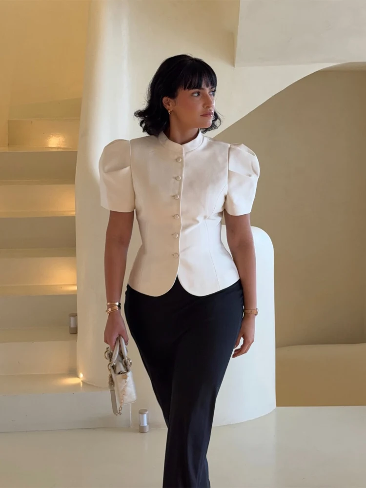 Elegant White Lantern Sleeve Shirt Women's Sexy Solid Stand Collar High Waist Slim Shirts 2026 New Lady Tops Commute Outerwears - Image 4