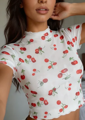 Summer New Ins Style Young Cherry Print Stretch Knit High Neck Short Sleeve Sheer Mesh Sexy Base Layer T-Shirt Top for Party Clu