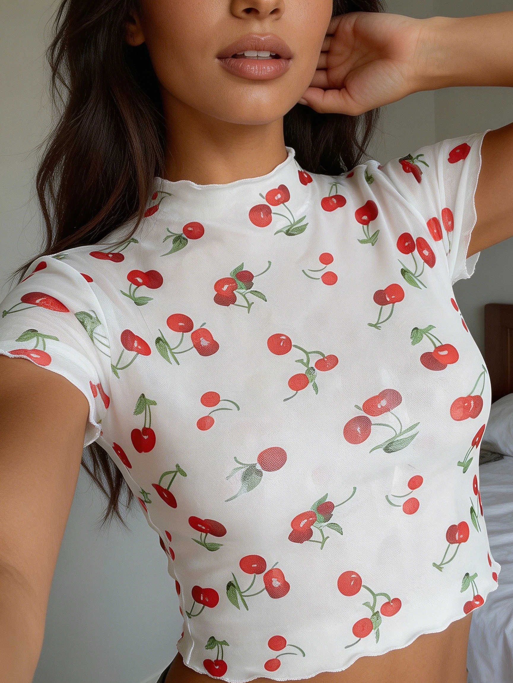 Summer New Ins Style Young Cherry Print Stretch Knit High Neck Short Sleeve Sheer Mesh Sexy Base Layer T-Shirt Top for Party Clu