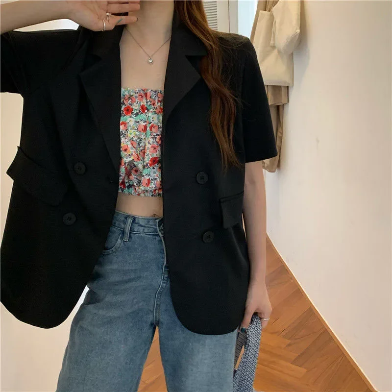 SMVP 2025 Women's Summer Short-sleeved Jacket Casual All-match Loose Double-breasted Blazers Coat Woman Korean Chic White Blazer - Image 4