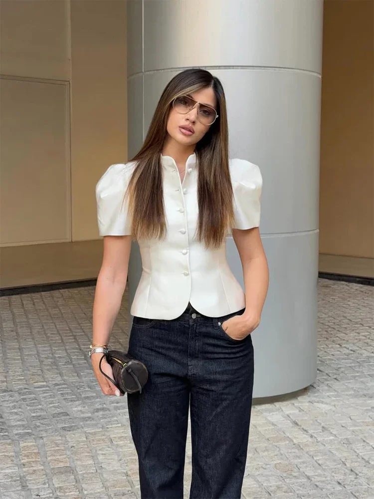 Elegant White Lantern Sleeve Shirt Women's Sexy Solid Stand Collar High Waist Slim Shirts 2026 New Lady Tops Commute Outerwears - Image 3