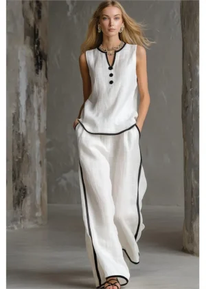 Casual Women Color Blocking Loose Sleeveless Button Vest Elastic Waist Wide-leg Pants Two Peice Set Summer V-Neck Ladies Outfit