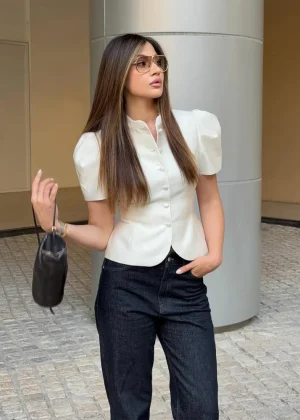 Elegant White Lantern Sleeve Shirt Women's Sexy Solid Stand Collar High Waist Slim Shirts 2026 New Lady Tops Commute Outerwears