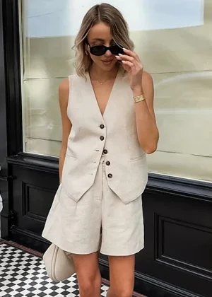 Retro Cotton Linen Tracksuit Women Two Piece Set Chic Button Vest Waistcoat +Short Sets Ensemble Femme 2 PièCes éTé