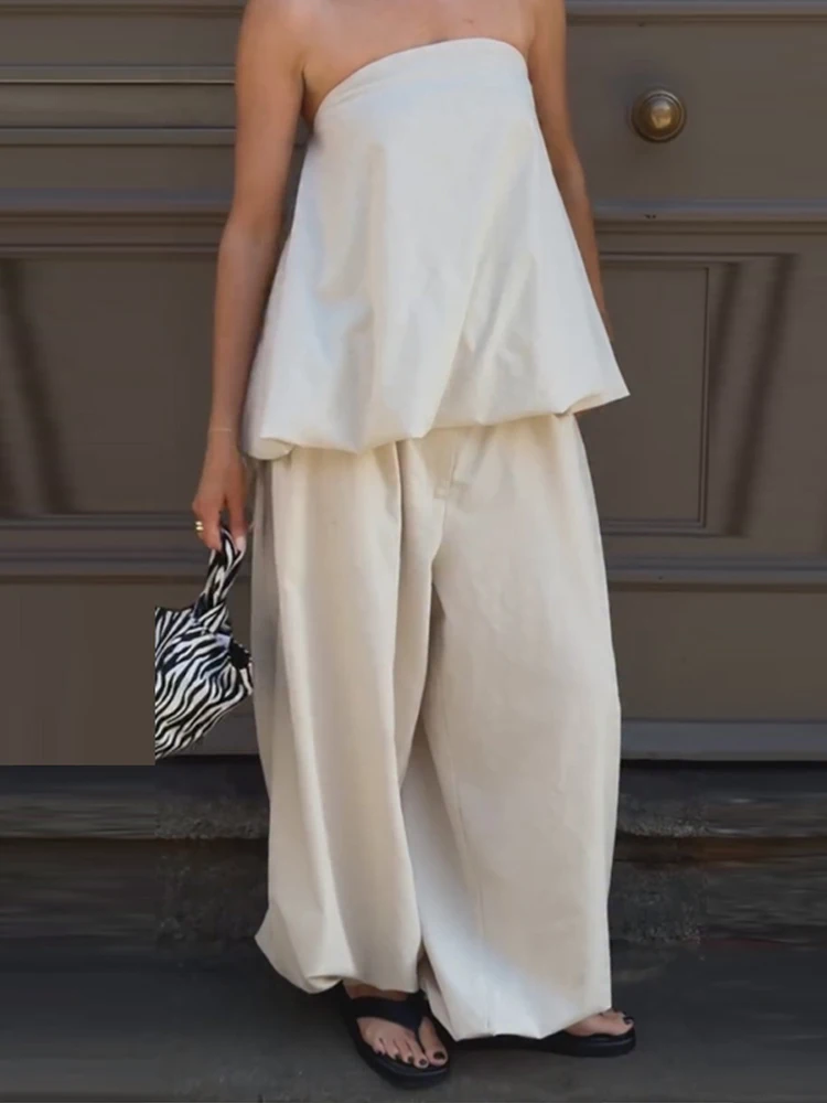Casual Solid Two-Piece Set Women Strapless Sleeveless Pleated Top Loose Lantern Pants 2026 Summer New Lady Casual Basic Outfit - Image 2
