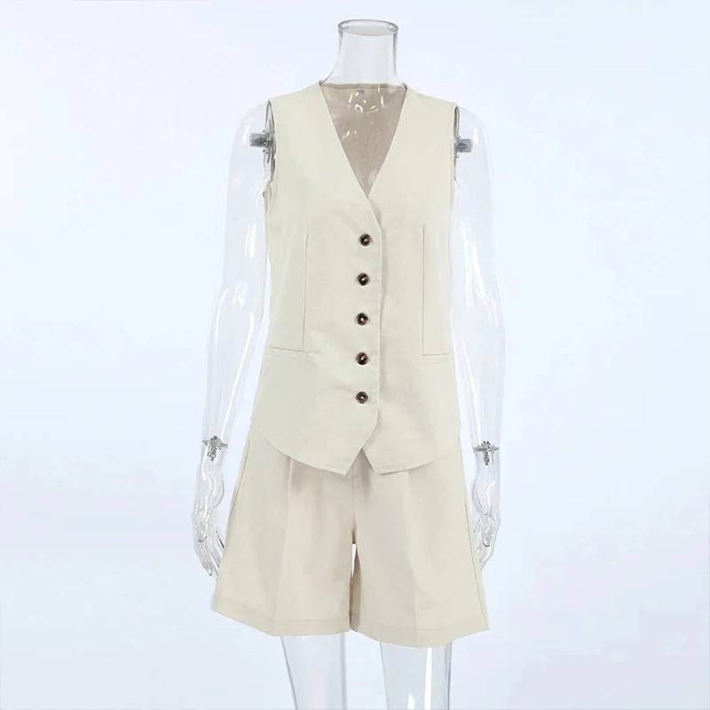 Retro Cotton Linen Tracksuit Women Two Piece Set Chic Button Vest Waistcoat +Short Sets Ensemble Femme 2 PièCes éTé - Image 6