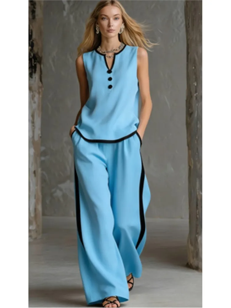 Casual Women Color Blocking Loose Sleeveless Button Vest Elastic Waist Wide-leg Pants Two Peice Set Summer V-Neck Ladies Outfit - Image 2