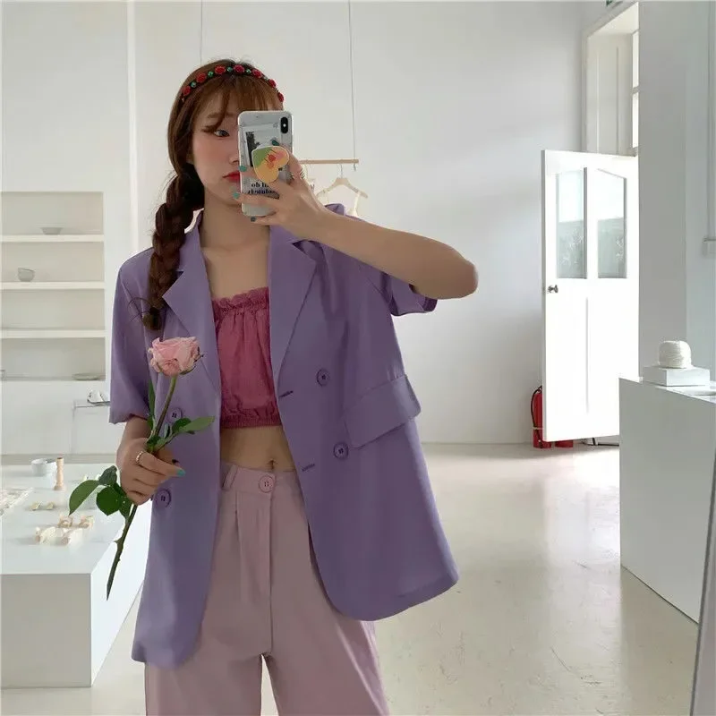 SMVP 2025 Women's Summer Short-sleeved Jacket Casual All-match Loose Double-breasted Blazers Coat Woman Korean Chic White Blazer - Image 6
