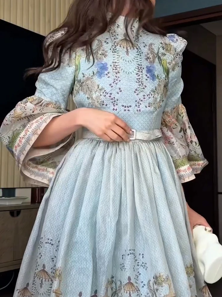 Half High Collar Button Print Dress Woman Long Flared Sleeve Waist Cinched Pleated A-Line Dresses Elegant Chic Women's New Dress - Image 4