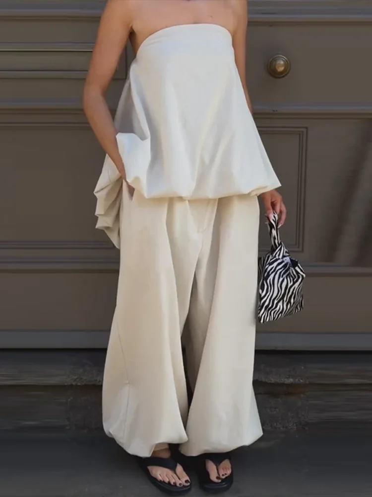 Casual Solid Two-Piece Set Women Strapless Sleeveless Pleated Top Loose Lantern Pants 2026 Summer New Lady Casual Basic Outfit - Image 3
