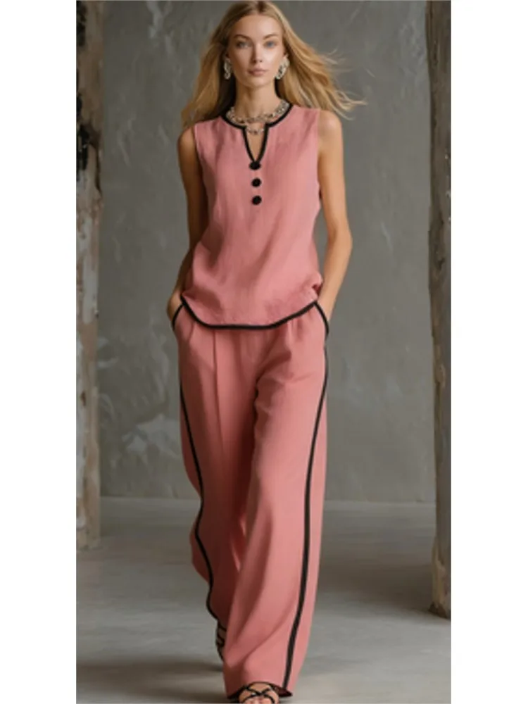 Casual Women Color Blocking Loose Sleeveless Button Vest Elastic Waist Wide-leg Pants Two Peice Set Summer V-Neck Ladies Outfit - Image 3