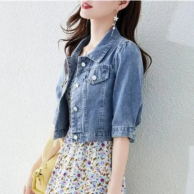 Vintage Crops Trendy Turn Down Collar Jackets Women Basic Solid Outwear Half Sleeve Denim Fit Harajuku Street Denim Jacket Women - Image 3