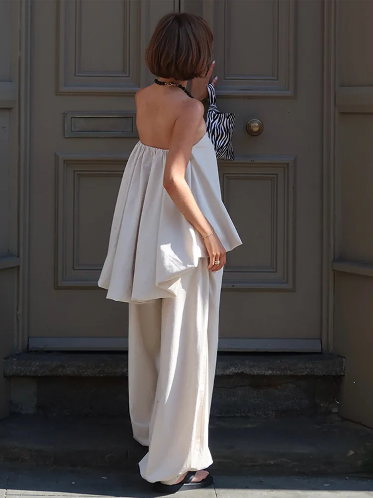 Casual Solid Two-Piece Set Women Strapless Sleeveless Pleated Top Loose Lantern Pants 2026 Summer New Lady Casual Basic Outfit - Image 6