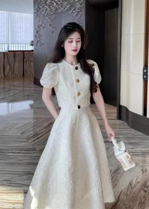 Summer New High Waist over Knee Dr White Bubble Sve Top Two Piece Set Rich Girl Outfit Faionable Women's Ensemble