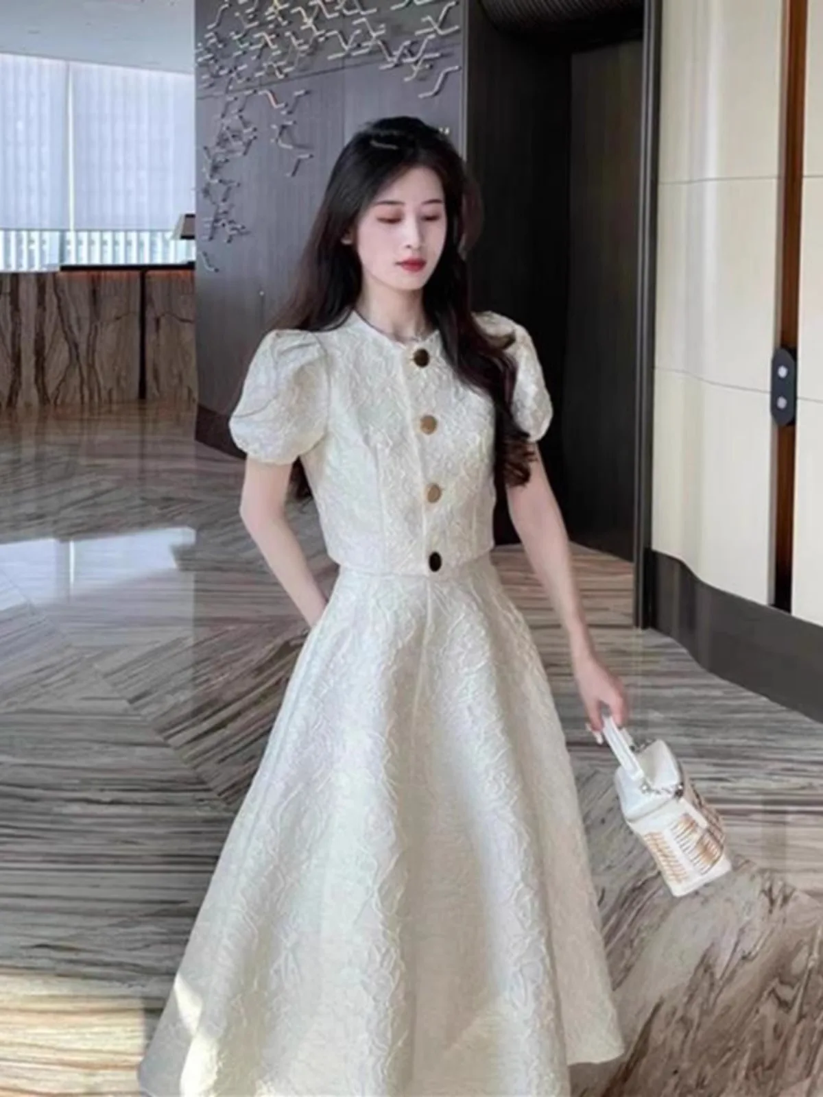 Summer New High Waist over Knee Dr White Bubble Sve Top Two Piece Set Rich Girl Outfit Faionable Women's Ensemble