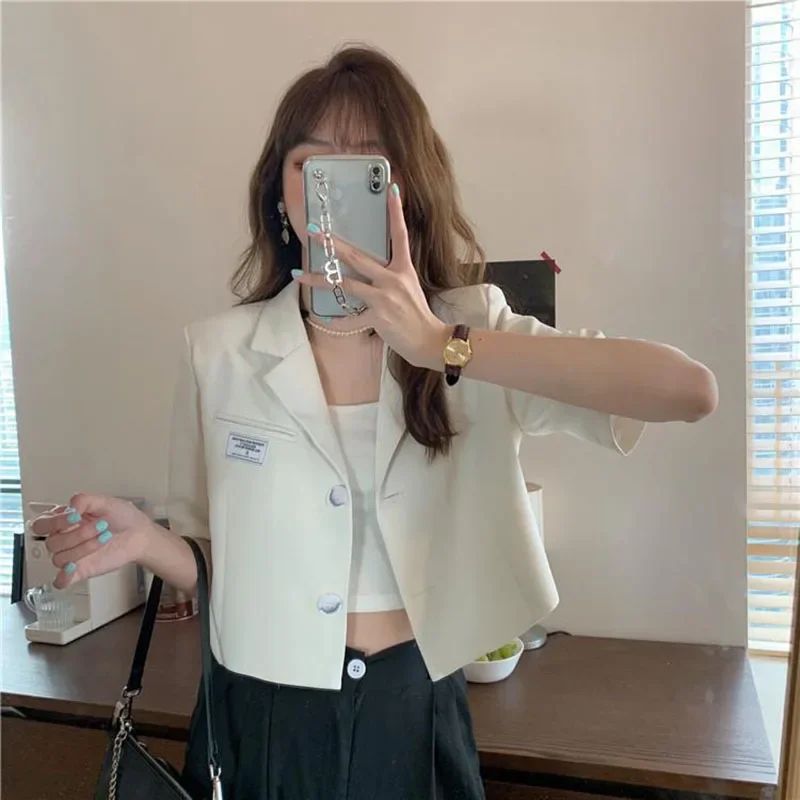 Short Sleeve Blazer Jacket Ladies Summer 2025 New Thin Notched Collar Suit Coat Women Casual Wild Black White Short Outwear Tops - Image 2