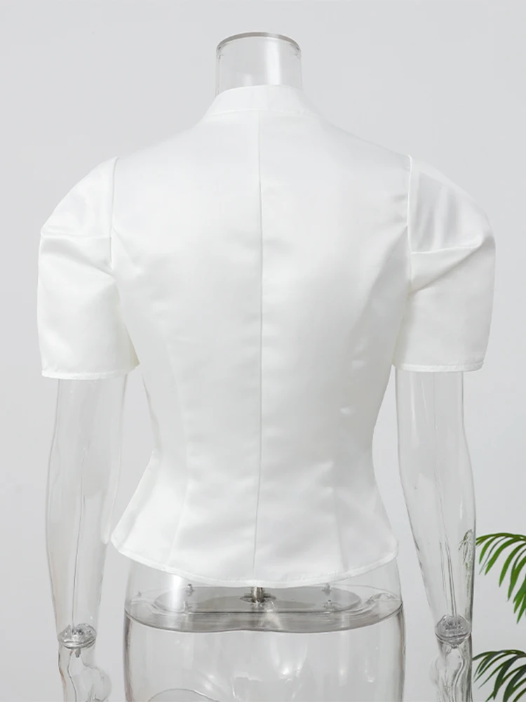 Elegant White Lantern Sleeve Shirt Women's Sexy Solid Stand Collar High Waist Slim Shirts 2026 New Lady Tops Commute Outerwears - Image 6