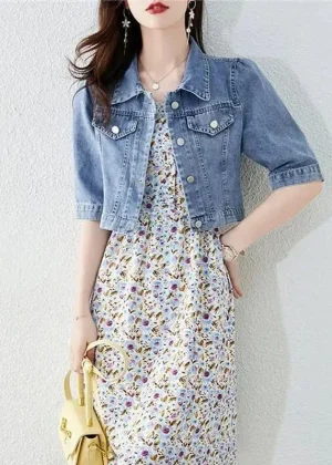 Vintage Crops Trendy Turn Down Collar Jackets Women Basic Solid Outwear Half Sleeve Denim Fit Harajuku Street Denim Jacket Women