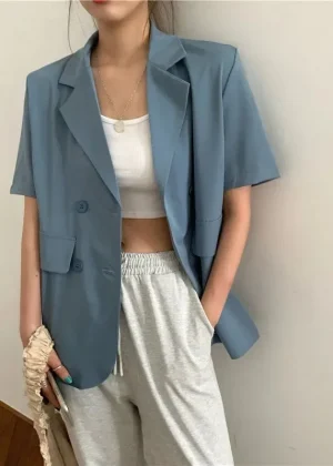 SMVP 2025 Women's Summer Short-sleeved Jacket Casual All-match Loose Double-breasted Blazers Coat Woman Korean Chic White Blazer